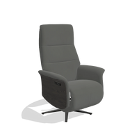 Recliner Atlas 6685 in Leather B945 (dark grey), tobacco wood side panels, black metal base, angled view