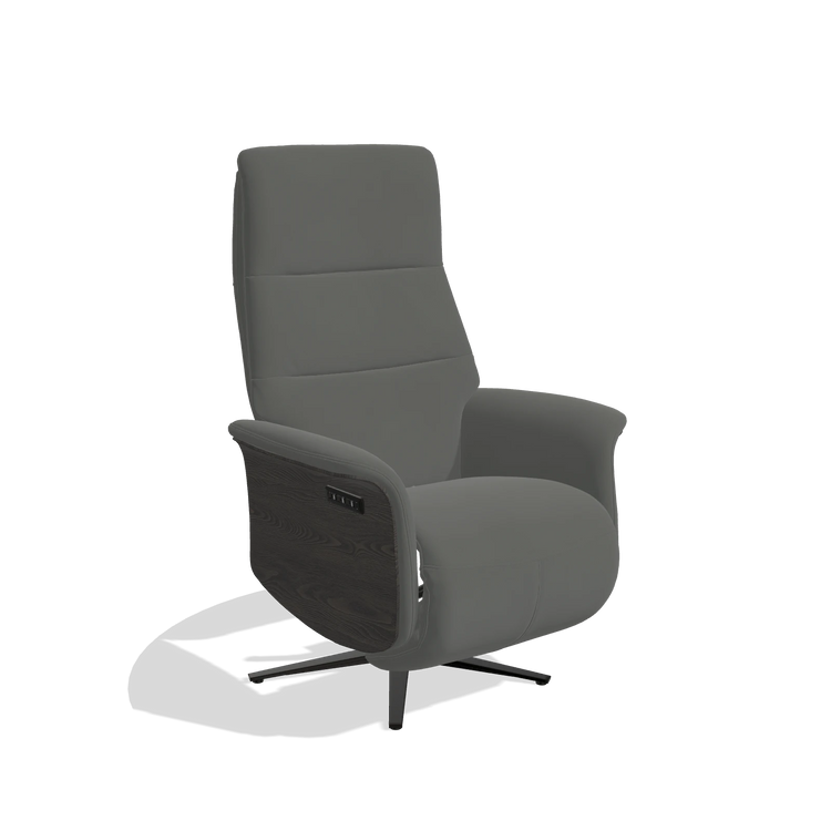 Recliner Atlas 6685 in Leather B945 (dark grey), tobacco wood side panels, black metal base, angled view
