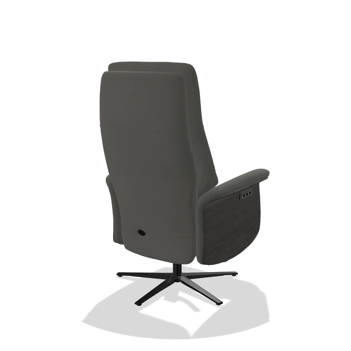 Recliner Atlas 6685 in Leather B945 (dark grey), tobacco wood side panels, black metal base, back angled view