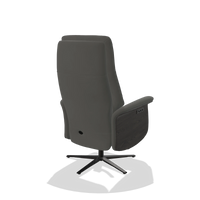 Recliner Atlas 6685 in Leather B945 (dark grey), tobacco wood side panels, black metal base, back angled view