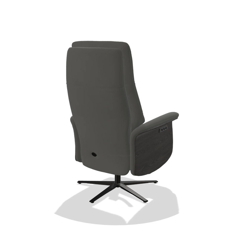 Recliner Atlas 6685 in Leather B945 (dark grey), tobacco wood side panels, black metal base, back angled view
