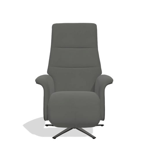 Sillón reclinable Atlas 6685 en Piel B945 (gris oscuro), paneles laterales de madera en tabaco, base metálica en negro, vista frontal