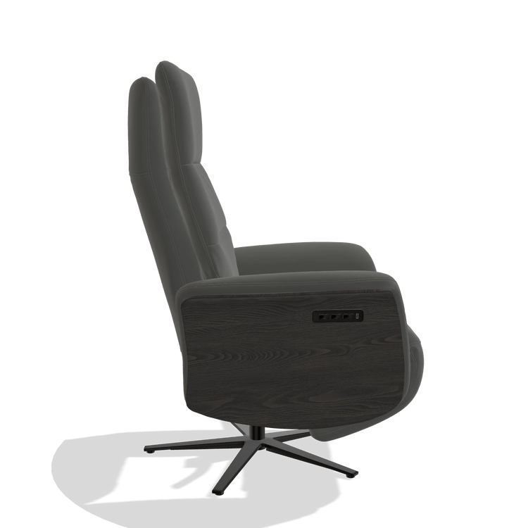 Recliner Atlas 6685 in Leather B945 (dark grey), tobacco wood side panels, black metal base, side view