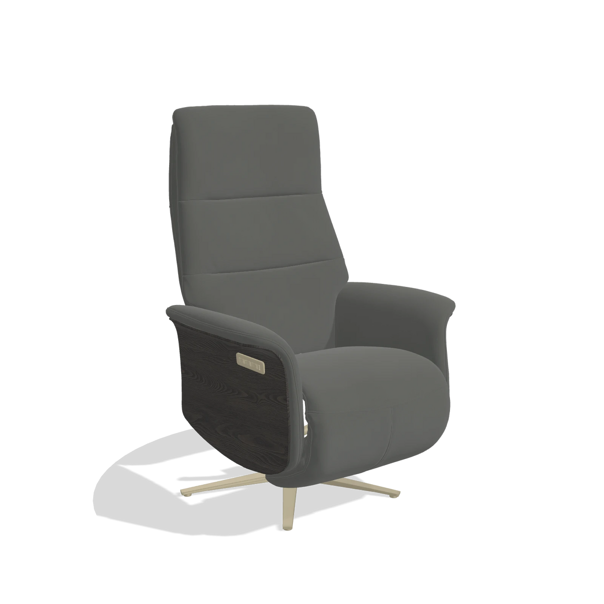 Recliner Atlas 6685 in Leather B945 (dark grey), tobacco wood side panels, champagne metal base, angled view