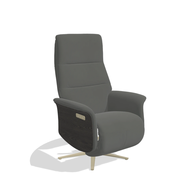 Recliner Atlas 6685 in Leather B945 (dark grey), tobacco wood side panels, champagne metal base, angled view
