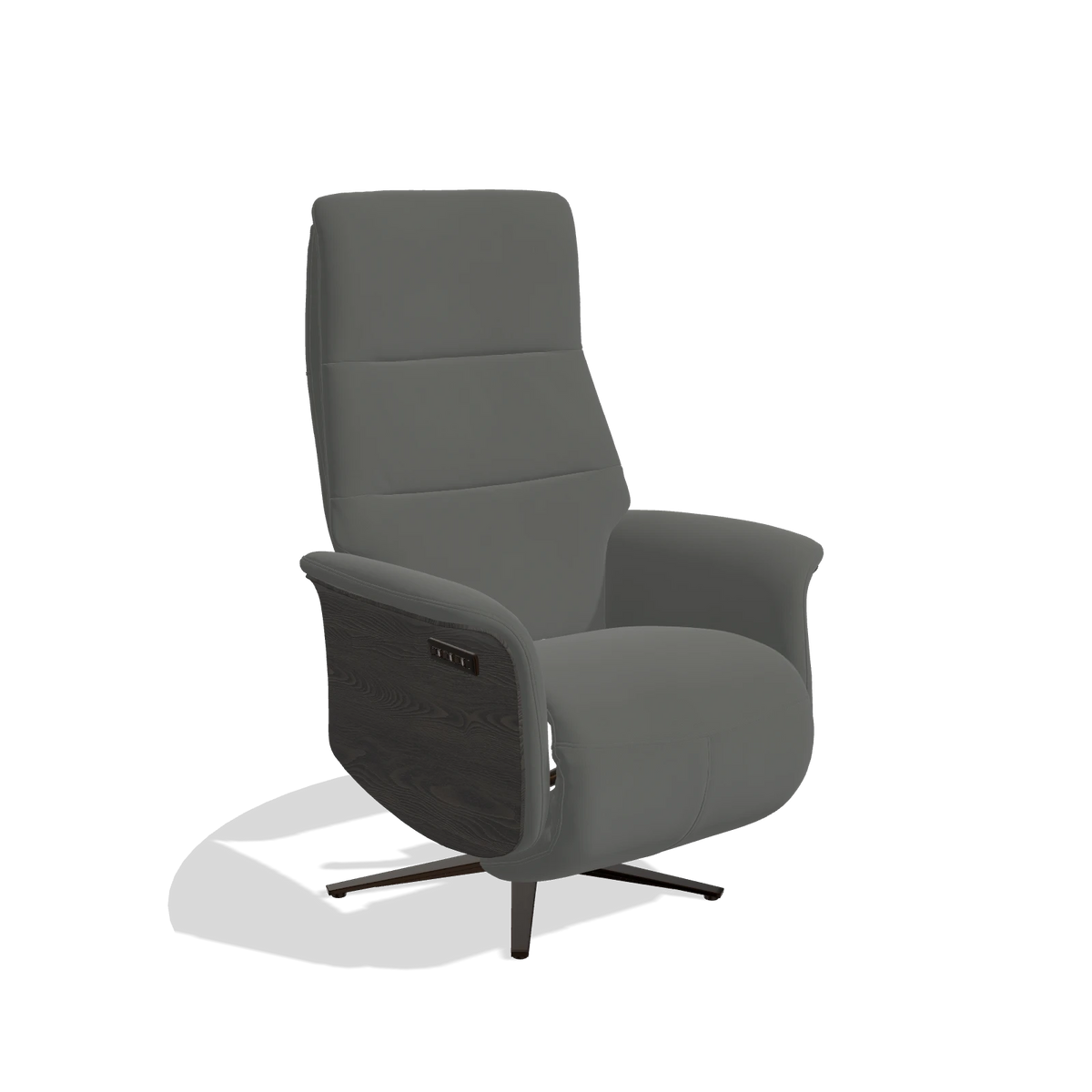 Recliner Atlas 6685 in Leather B945 (dark grey), tobacco wood side panels, espresso metal base, angled view
