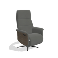 Recliner Atlas 6685 in Leather B945 (dark grey), walnut wood side panels, black metal base, angled view