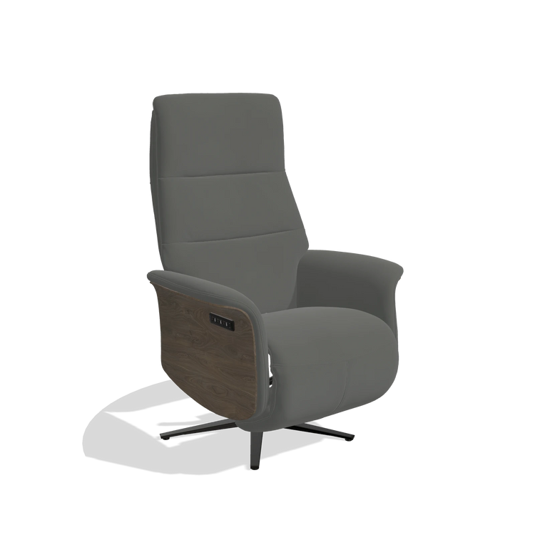 Recliner Atlas 6685 in Leather B945 (dark grey), walnut wood side panels, black metal base, angled view