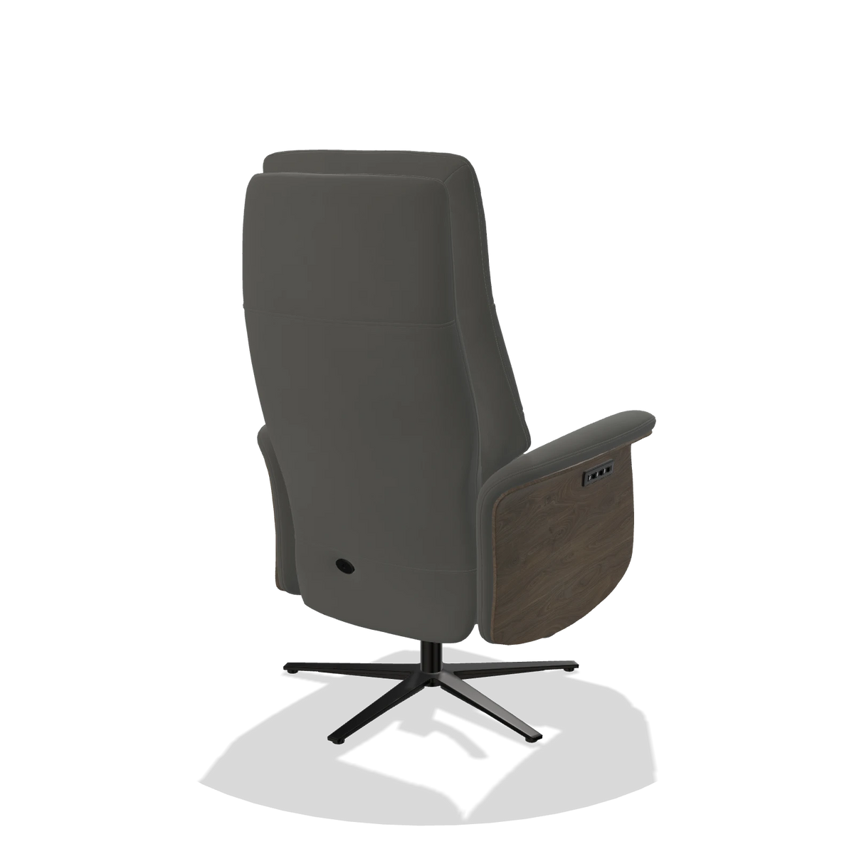 Recliner Atlas 6685 in Leather B945 (dark grey), walnut wood side panels, black metal base, back angled view