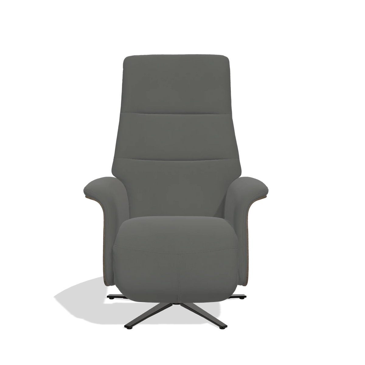 Recliner Atlas 6685 in Leather B945 (dark grey), walnut wood side panels, black metal base, front view