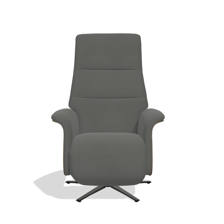 Recliner Atlas 6685 in Leather B945 (dark grey), walnut wood side panels, black metal base, front view