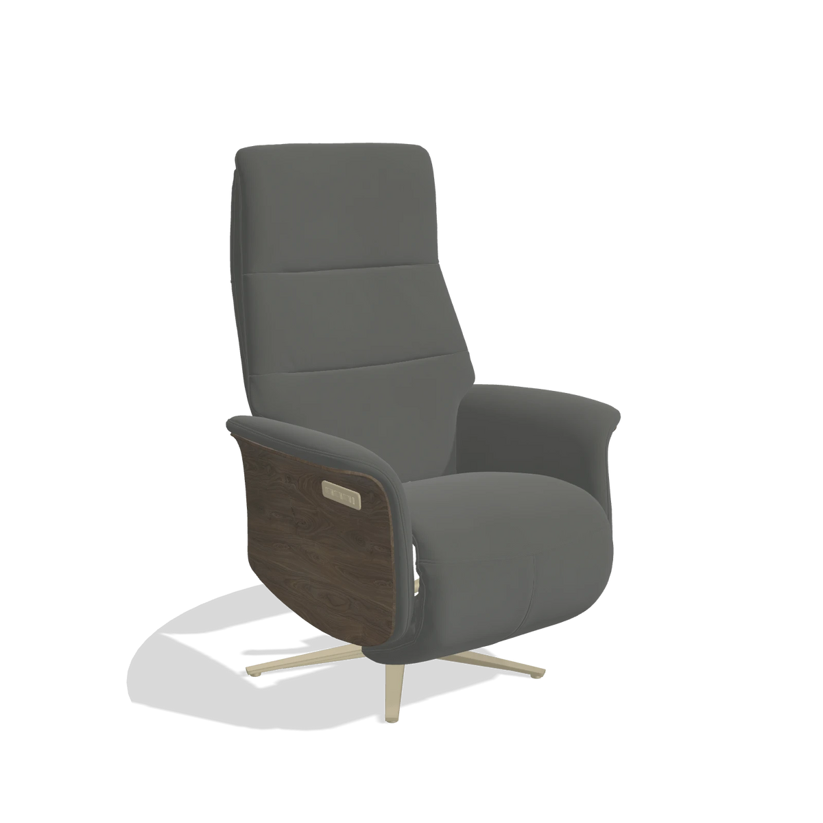 Recliner Atlas 6685 in Leather B945 (dark grey), walnut wood side panels, champagne metal base, angled view