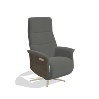 Recliner Atlas 6685 in Leather B945 (dark grey), walnut wood side panels, champagne metal base, angled view