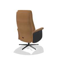 Recliner Atlas 6685 in Leather B947 (caramel), black wood side panels, black metal base, back angled view