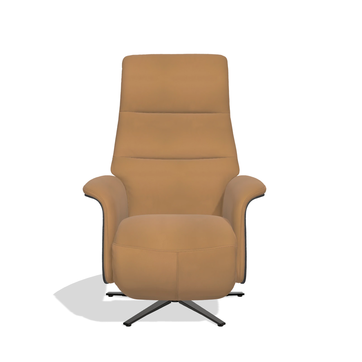 Recliner Atlas 6685 in Leather B947 (caramel), black wood side panels, black metal base, front view