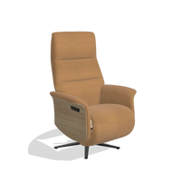 Recliner Atlas 6685 in Leather B947 (caramel), natural wood side panels, black metal base, angled view