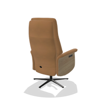 Recliner Atlas 6685 in Leather B947 (caramel), natural wood side panels, black metal base, back angled view