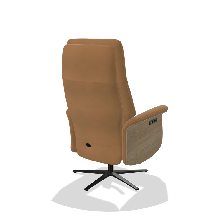 Recliner Atlas 6685 in Leather B947 (caramel), natural wood side panels, black metal base, back angled view