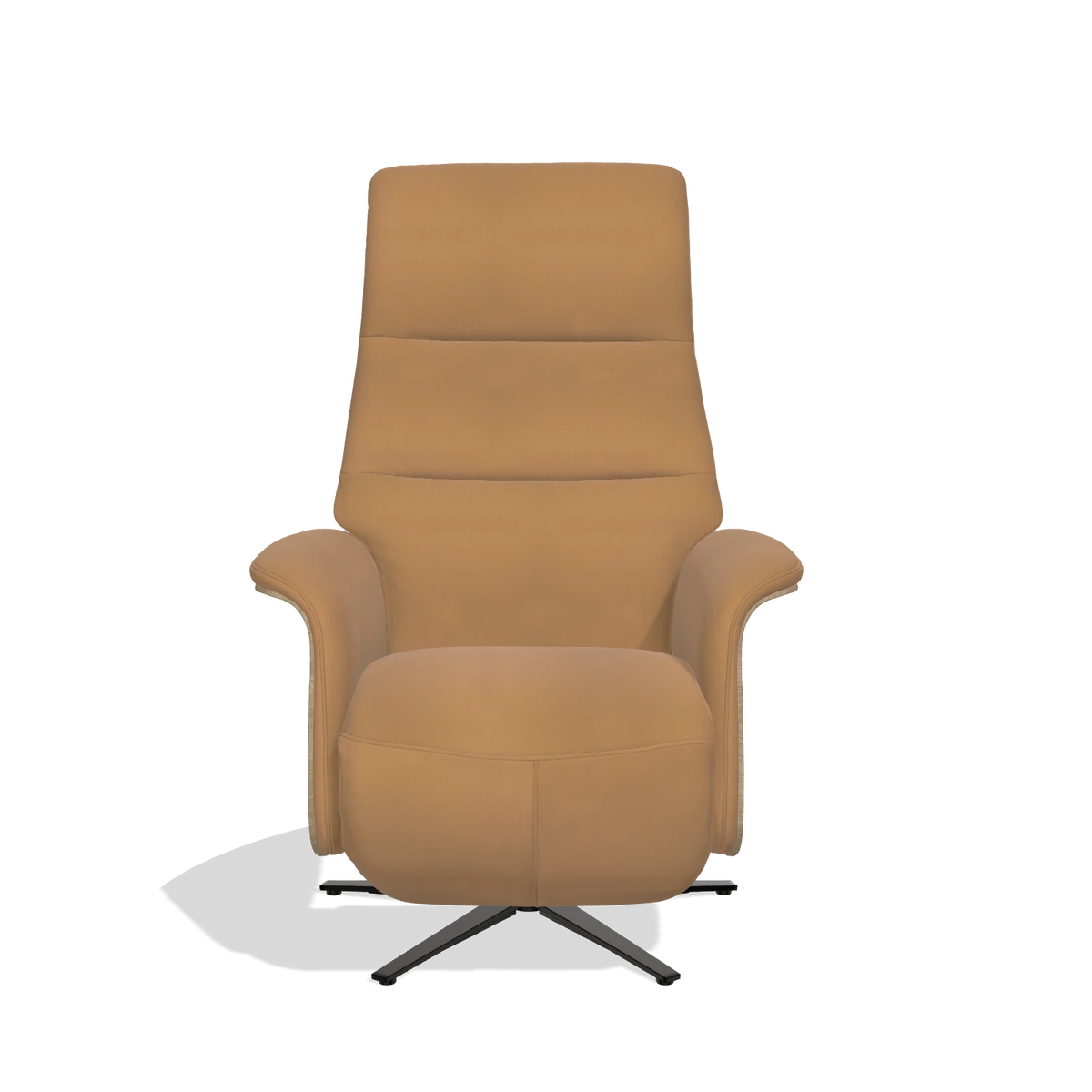 Recliner Atlas 6685 in Leather B947 (caramel), natural wood side panels, black metal base, front view