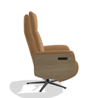 Recliner Atlas 6685 in Leather B947 (caramel), natural wood side panels, black metal base, side view