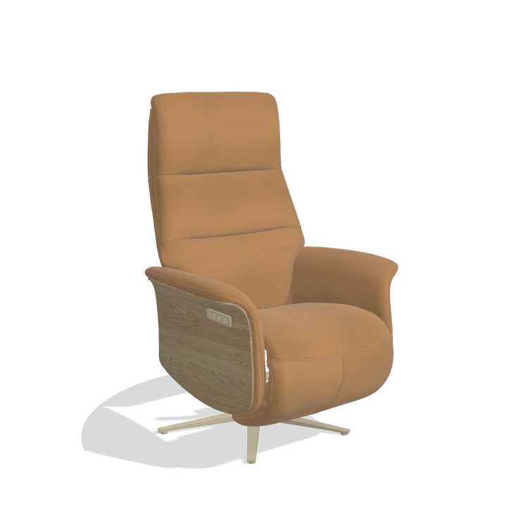 Recliner Atlas 6685 in Leather B947 (caramel), natural wood side panels, champagne metal base, angled view