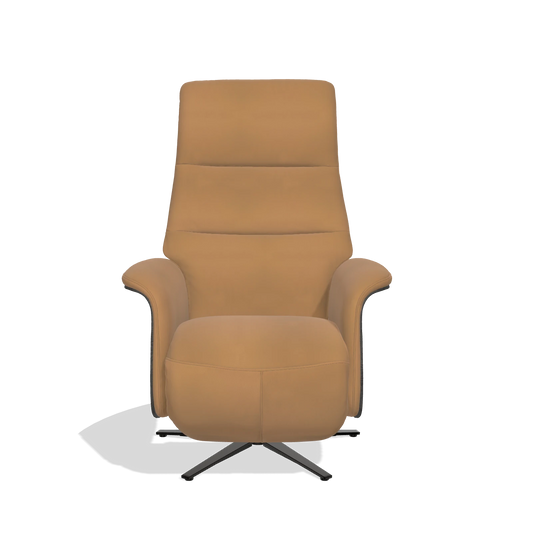 Sillón reclinable Atlas 6685 en Piel B947 (caramelo), paneles laterales de madera en tabaco, base metálica en negro, vista frontal