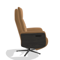 Recliner Atlas 6685 in Leather B947 (caramel), tobacco wood side panels, black metal base, side view