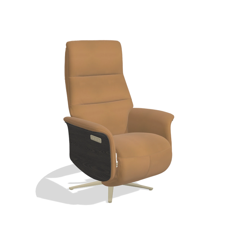 Recliner Atlas 6685 in Leather B947 (caramel), tobacco wood side panels, champagne metal base, angled view