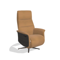 Recliner Atlas 6685 in Leather B947 (caramel), tobacco wood side panels, espresso metal base, angled view