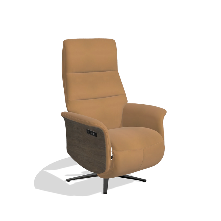 Recliner Atlas 6685 in Leather B947 (caramel), walnut wood side panels, black metal base, angled view