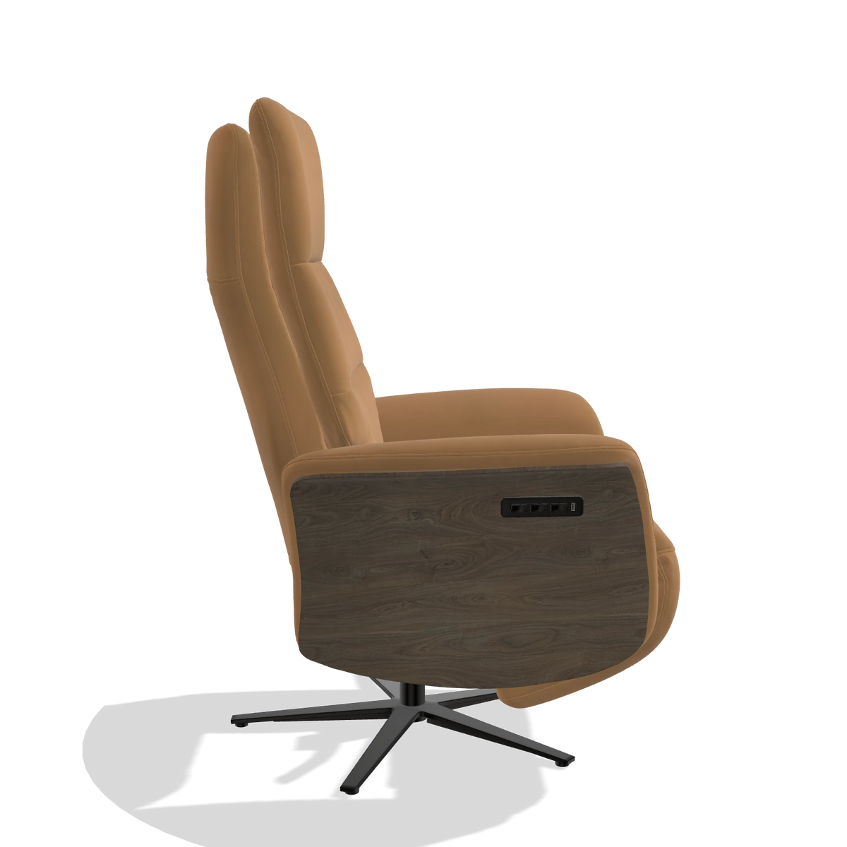 Recliner Atlas 6685 in Leather B947 (caramel), walnut wood side panels, black metal base, side view