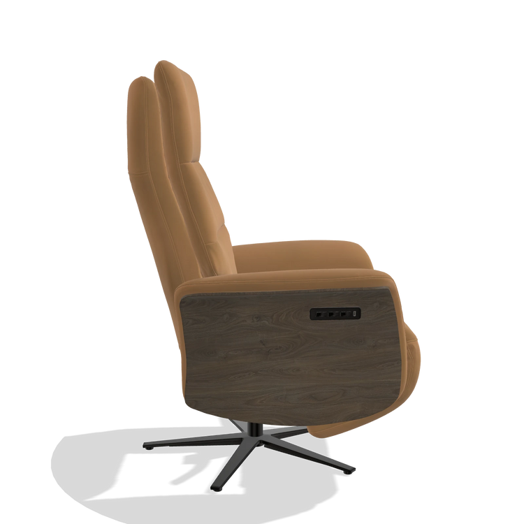 Recliner Atlas 6685 in Leather B947 (caramel), walnut wood side panels, black metal base, side view