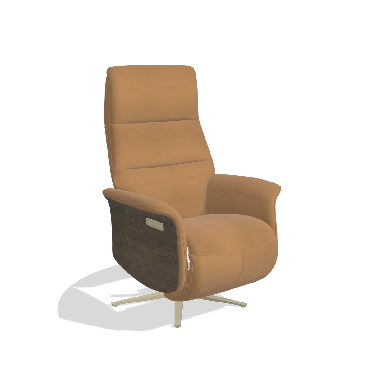 Recliner Atlas 6685 in Leather B947 (caramel), walnut wood side panels, champagne metal base, angled view
