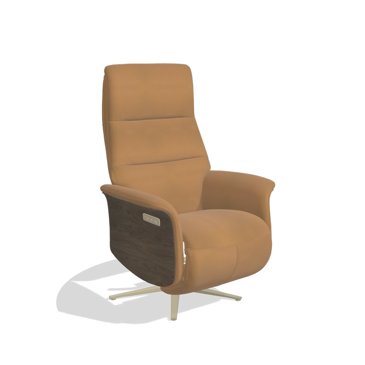 Recliner Atlas 6685 in Leather B947 (caramel), walnut wood side panels, champagne metal base, angled view