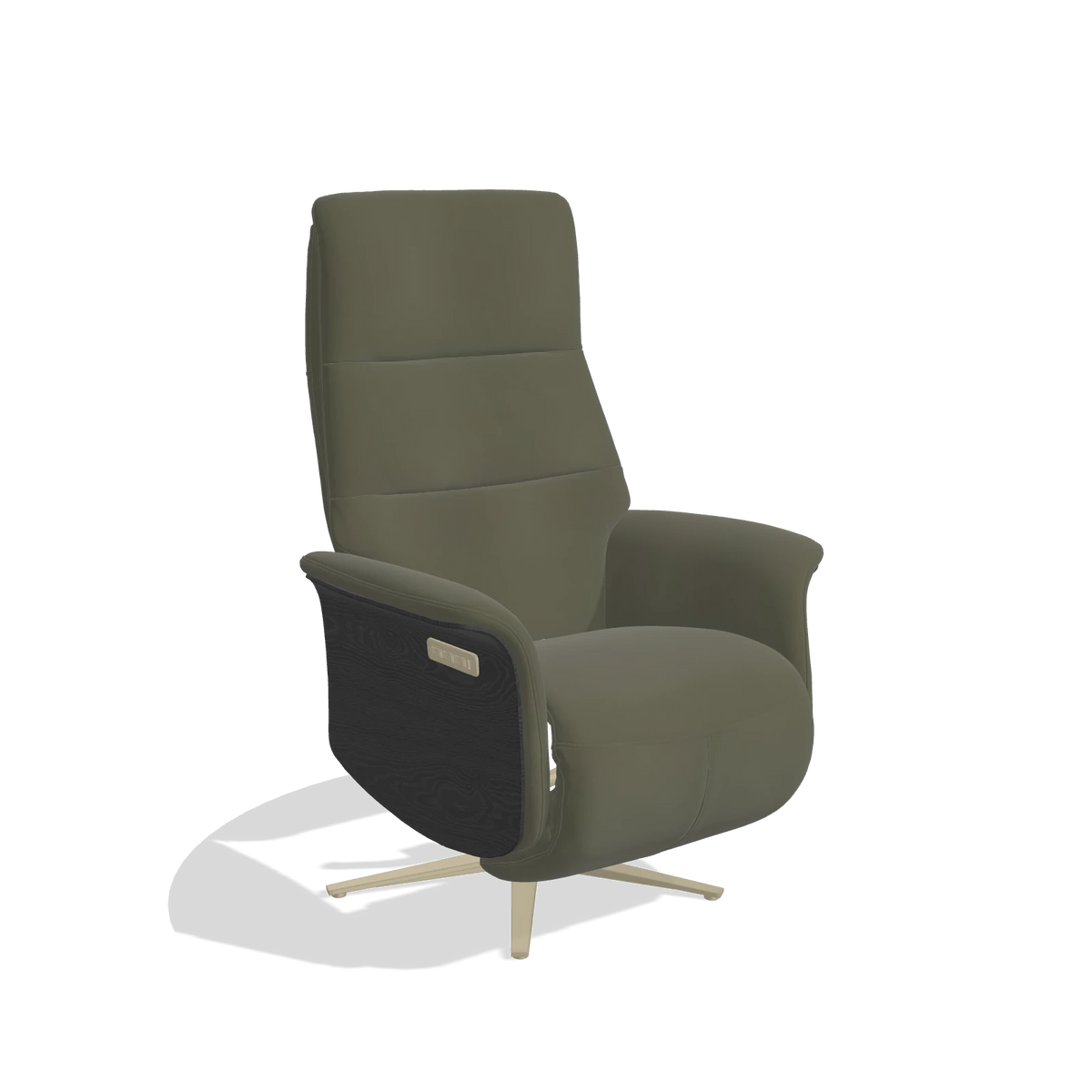 Recliner Atlas 6685 in Leather B962 (dark grey), black wood side panels, champagne metal base, angled view