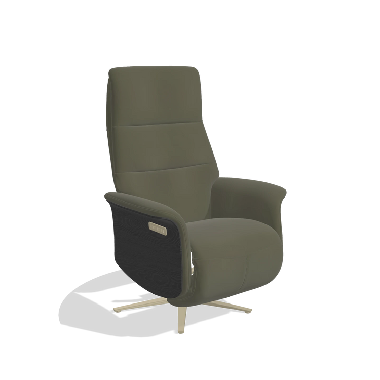 Recliner Atlas 6685 in Leather B962 (dark grey), black wood side panels, champagne metal base, angled view
