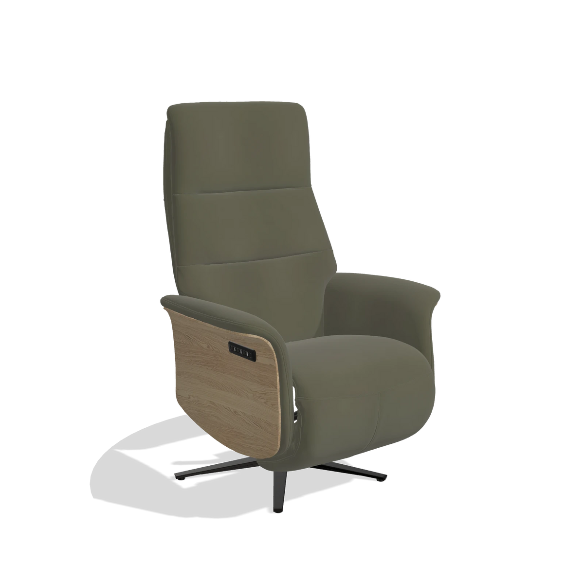 Recliner Atlas 6685 in Leather B962 (dark grey), natural wood side panels, black metal base, angled view