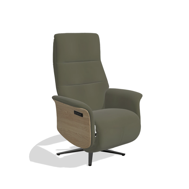 Recliner Atlas 6685 in Leather B962 (dark grey), natural wood side panels, black metal base, angled view