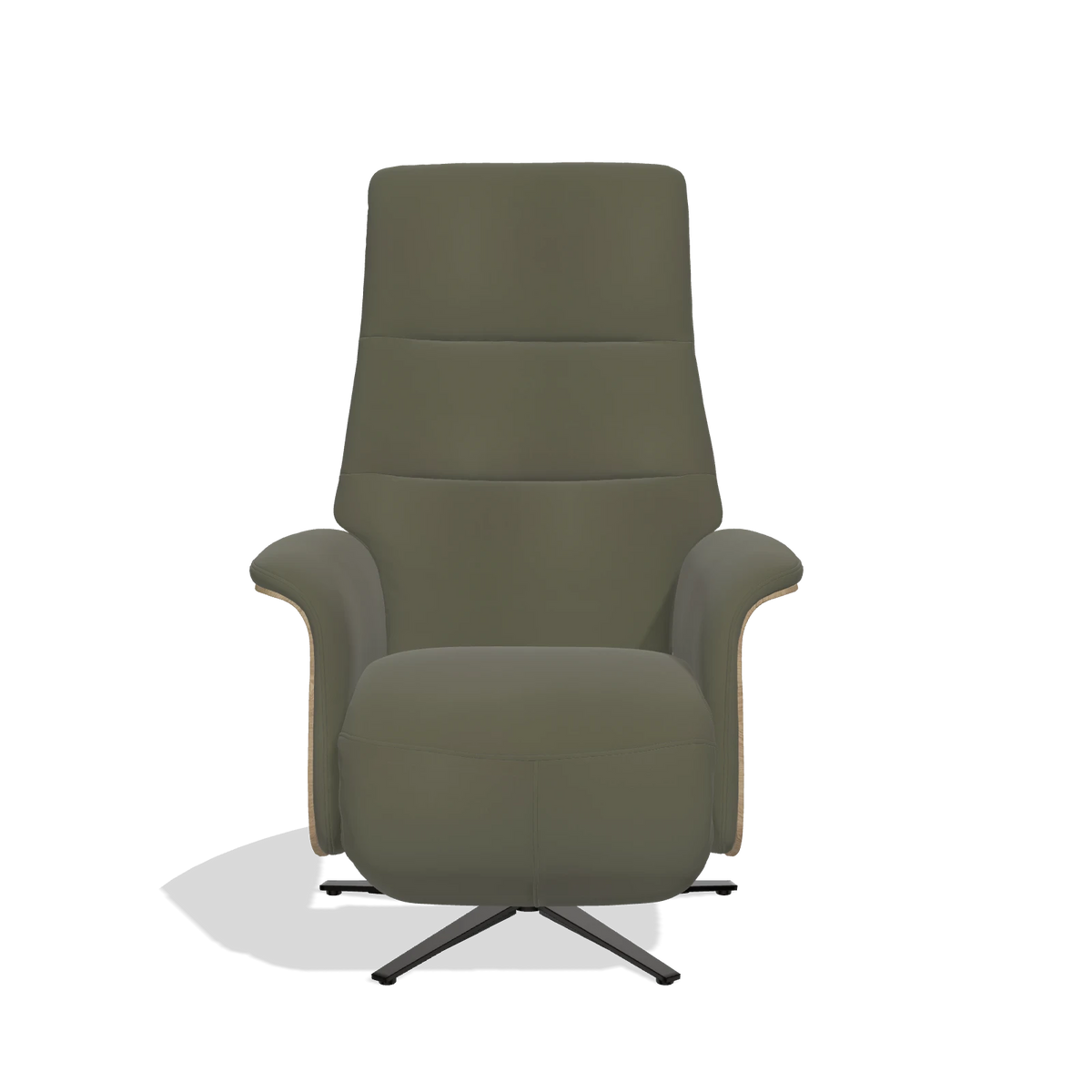 Recliner Atlas 6685 in Leather B962 (dark grey), natural wood side panels, black metal base, front view