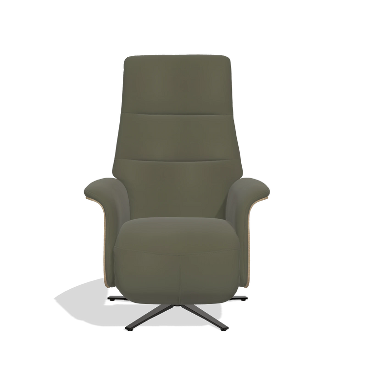 Recliner Atlas 6685 in Leather B962 (dark grey), natural wood side panels, black metal base, front view