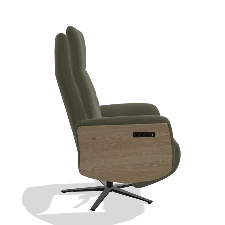 Recliner Atlas 6685 in Leather B962 (dark grey), natural wood side panels, black metal base, side view