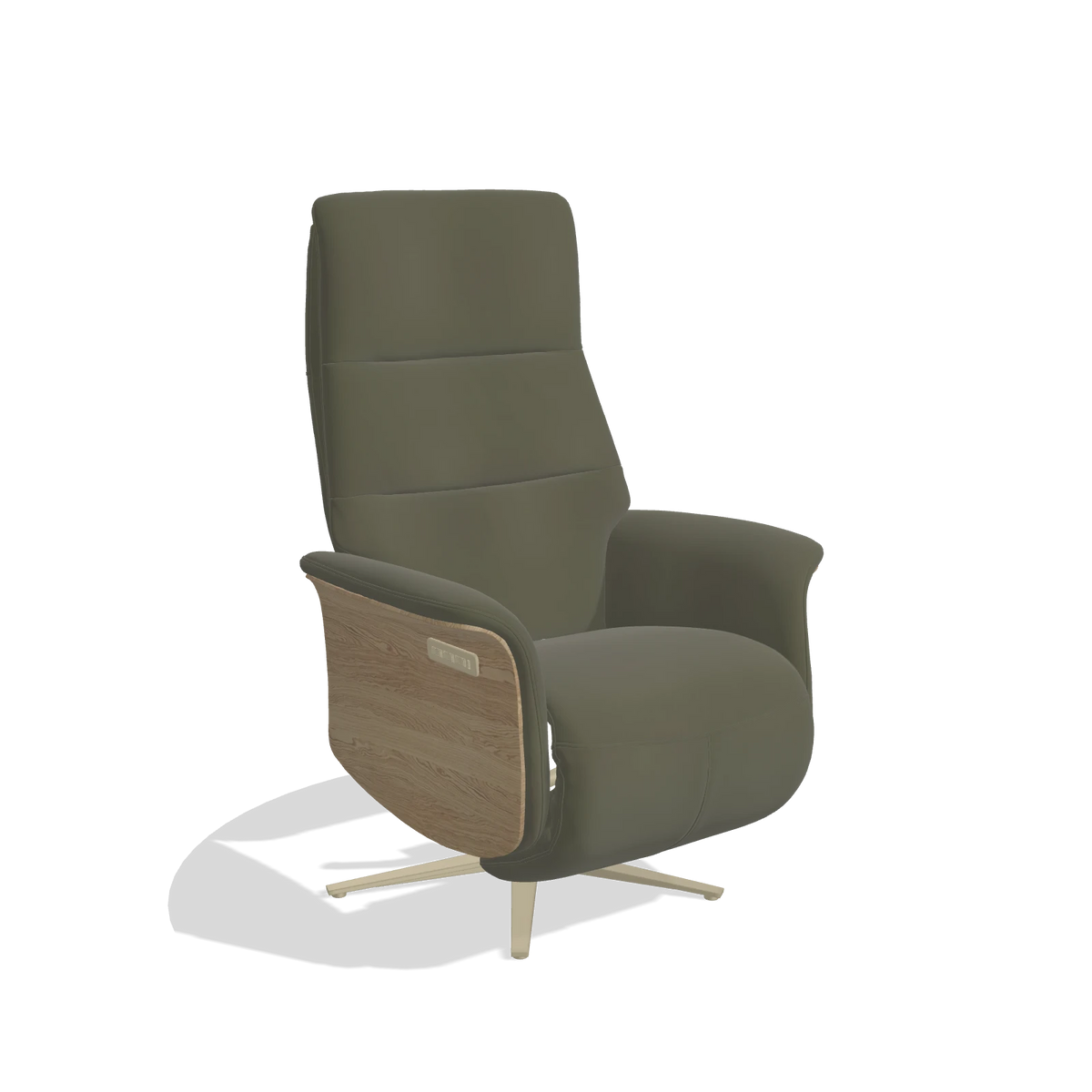 Recliner Atlas 6685 in Leather B962 (dark grey), natural wood side panels, champagne metal base, angled view