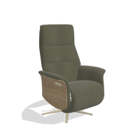 Recliner Atlas 6685 in Leather B962 (dark grey), natural wood side panels, champagne metal base, angled view
