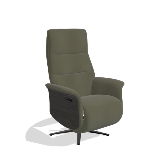 Sillón reclinable Atlas 6685 en Piel B962 (gris oscuro), paneles laterales de madera en tabaco, base metálica en negro, vista en ángulo