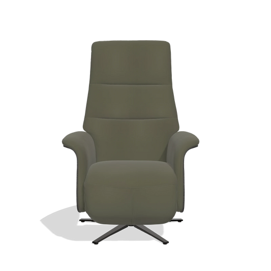 Sillón reclinable Atlas 6685 en Piel B962 (gris oscuro), paneles laterales de madera en tabaco, base metálica en negro, vista frontal