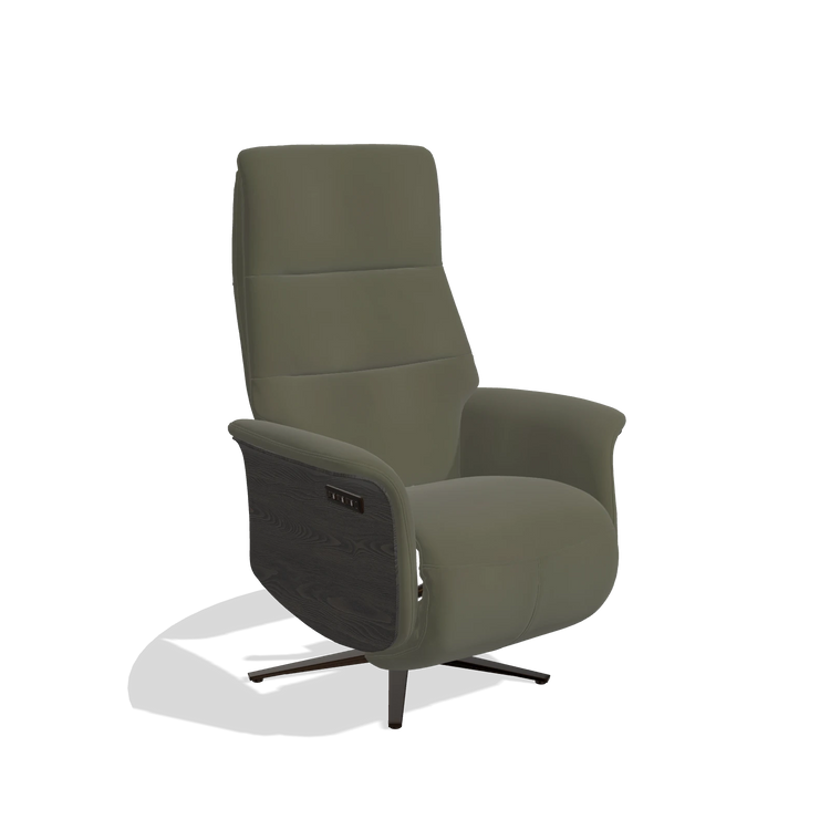 Recliner Atlas 6685 in Leather B962 (dark grey), tobacco wood side panels, espresso metal base, angled view