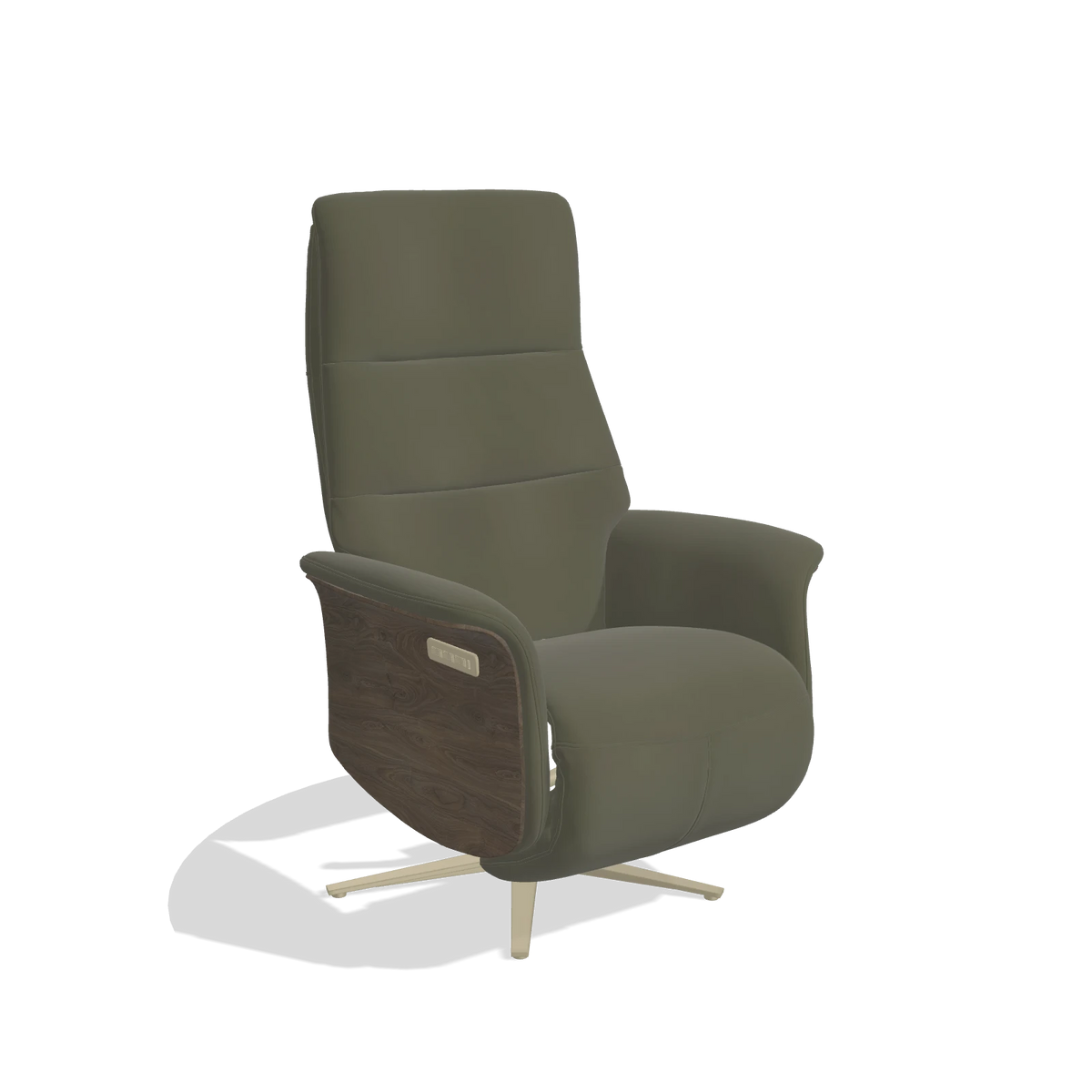 Recliner Atlas 6685 in Leather B962 (dark grey), walnut wood side panels, champagne metal base, angled view