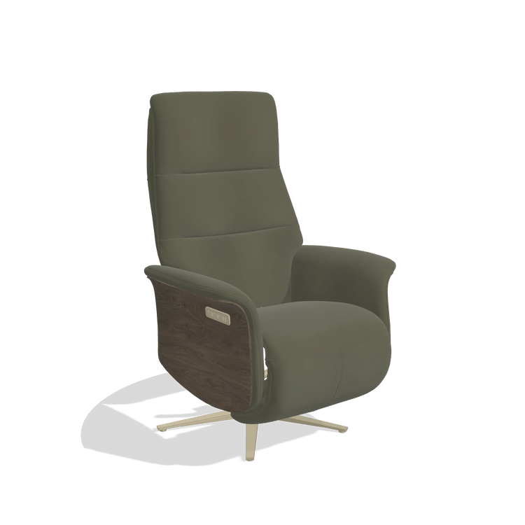 Recliner Atlas 6685 in Leather B962 (dark grey), walnut wood side panels, champagne metal base, angled view