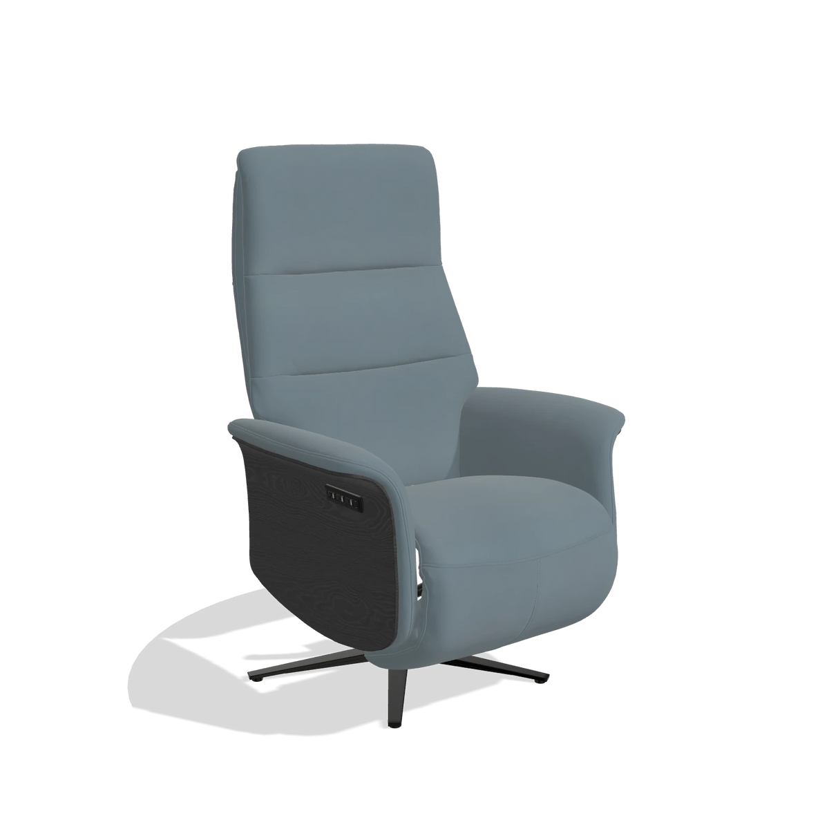 Recliner Atlas 6685 in Leather B963 (grey), black wood side panels, black metal base, angled view
