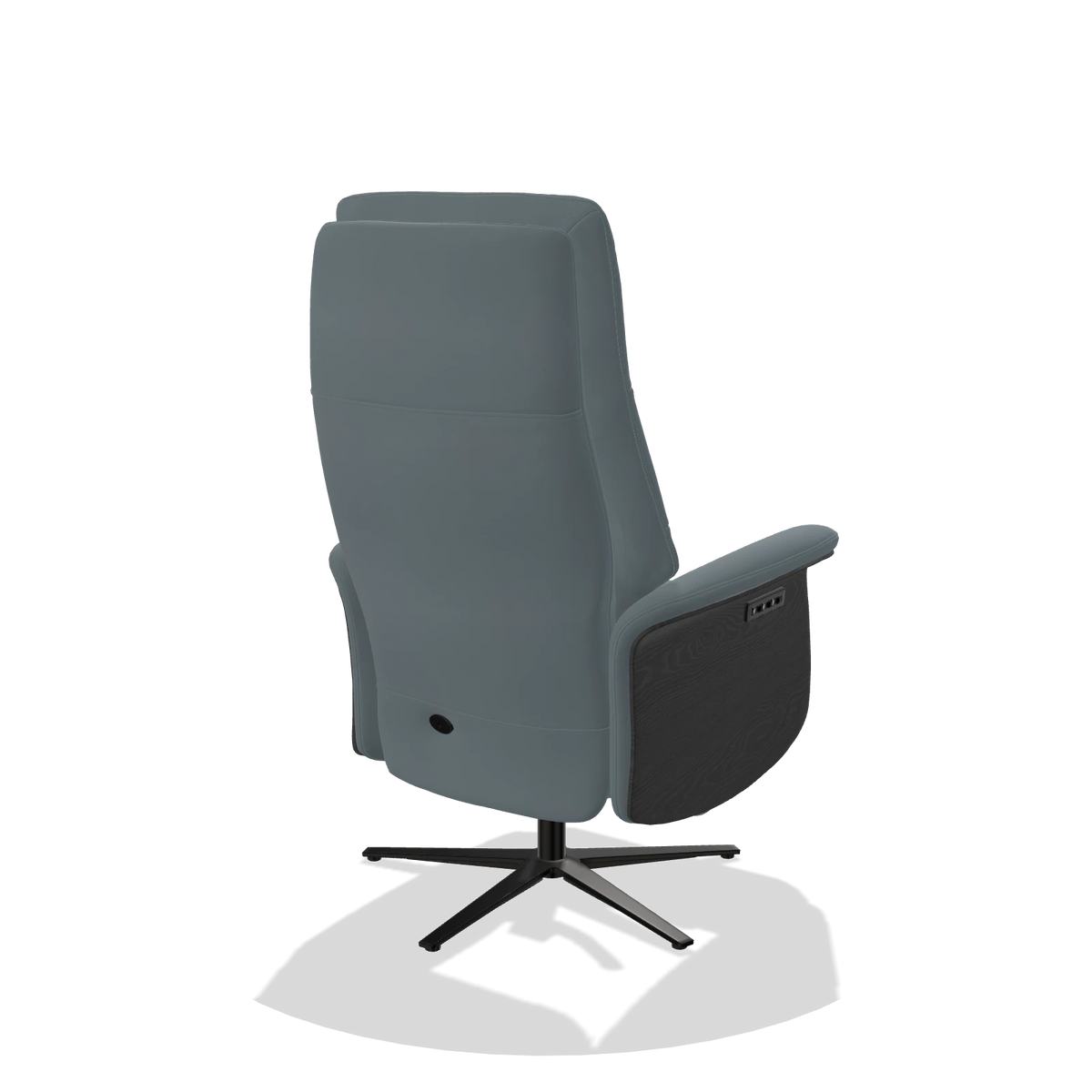 Recliner Atlas 6685 in Leather B963 (grey), black wood side panels, black metal base, back angled view